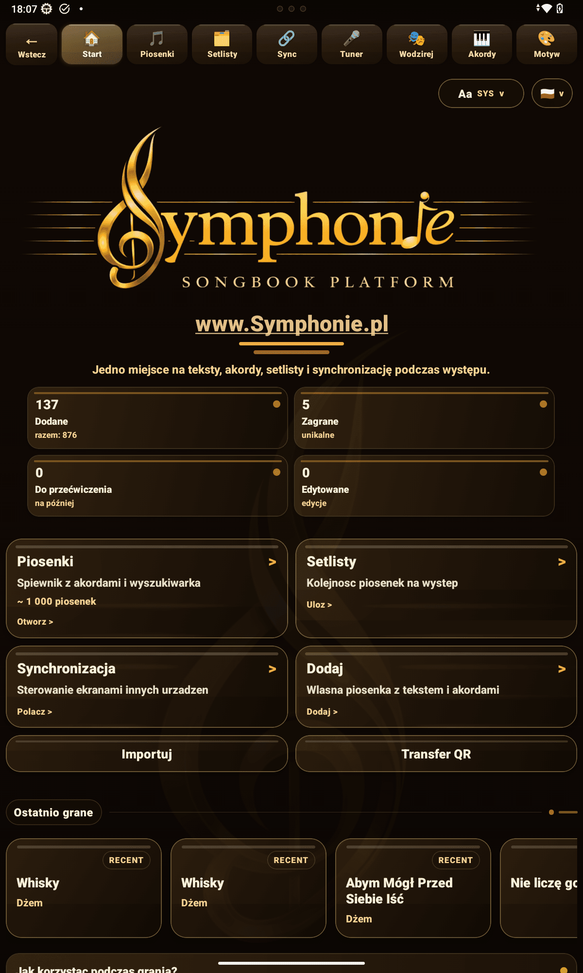 Symphonie start w ciemnym motywie