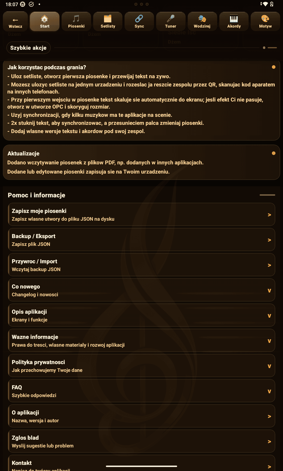 Symphonie pomoc i informacje na stronie startowej