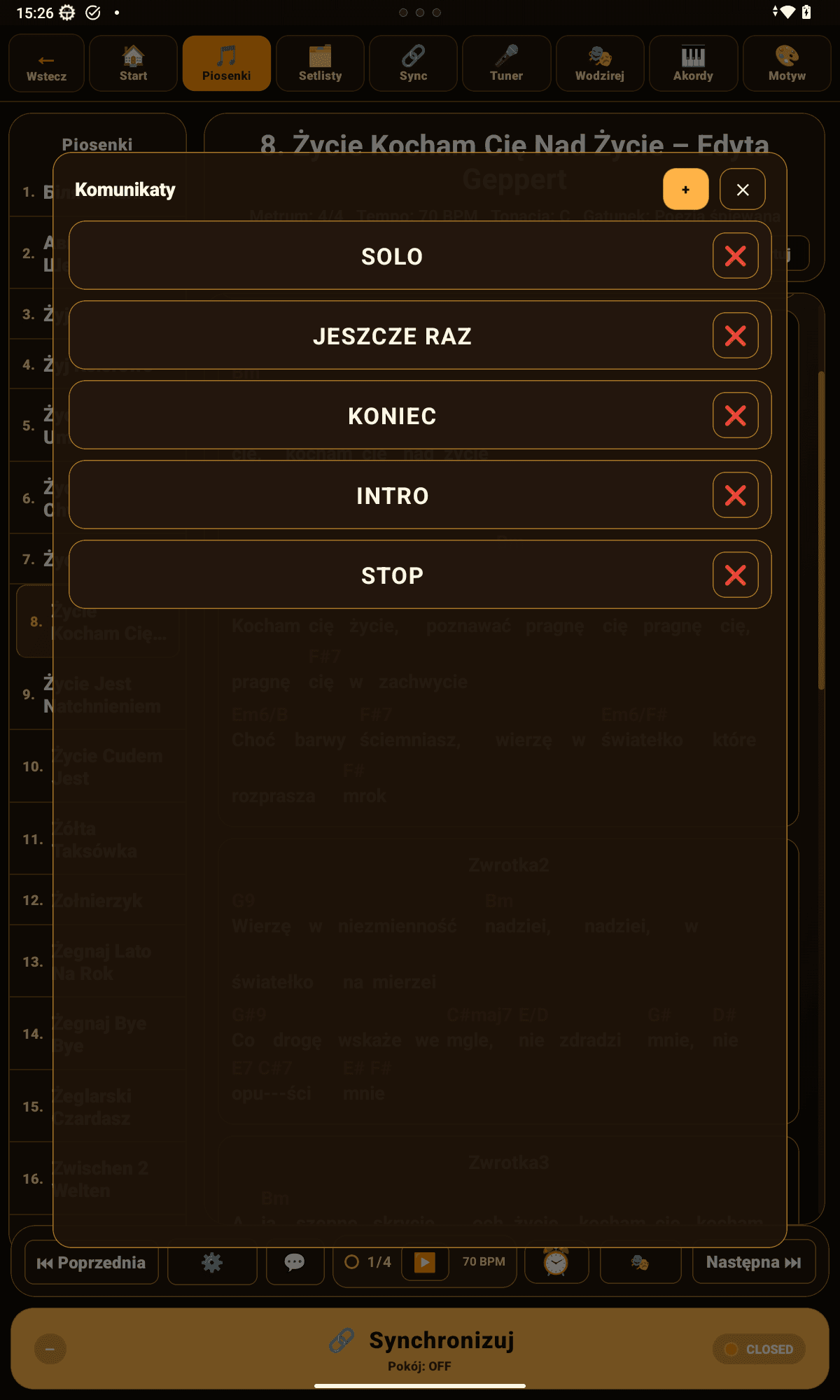 Symphonie – komunikaty: gotowe przyciski (STOP / GRAJ DALEJ)