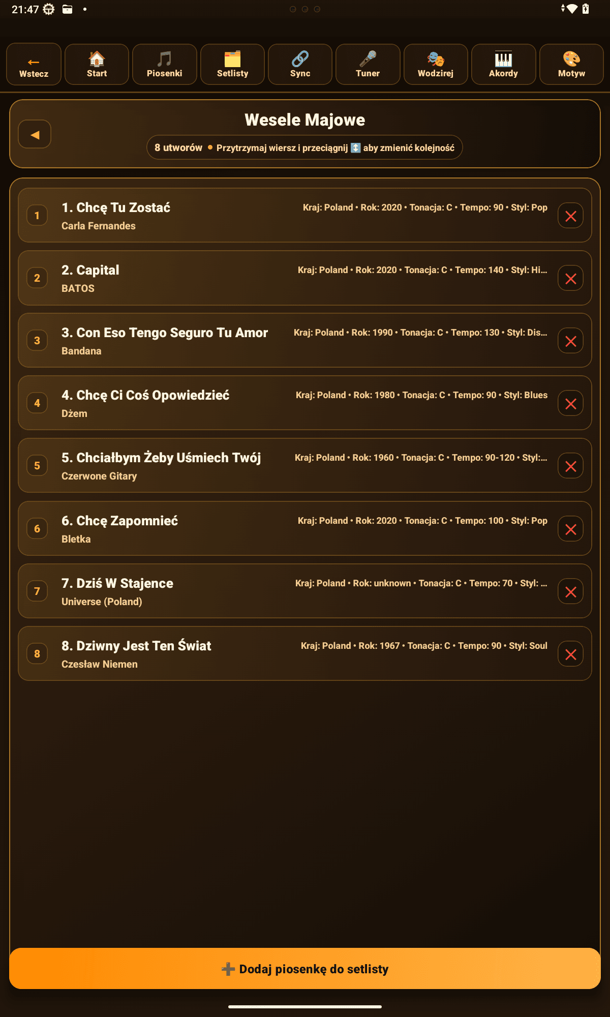 Symphonie – szczegóły setlisty