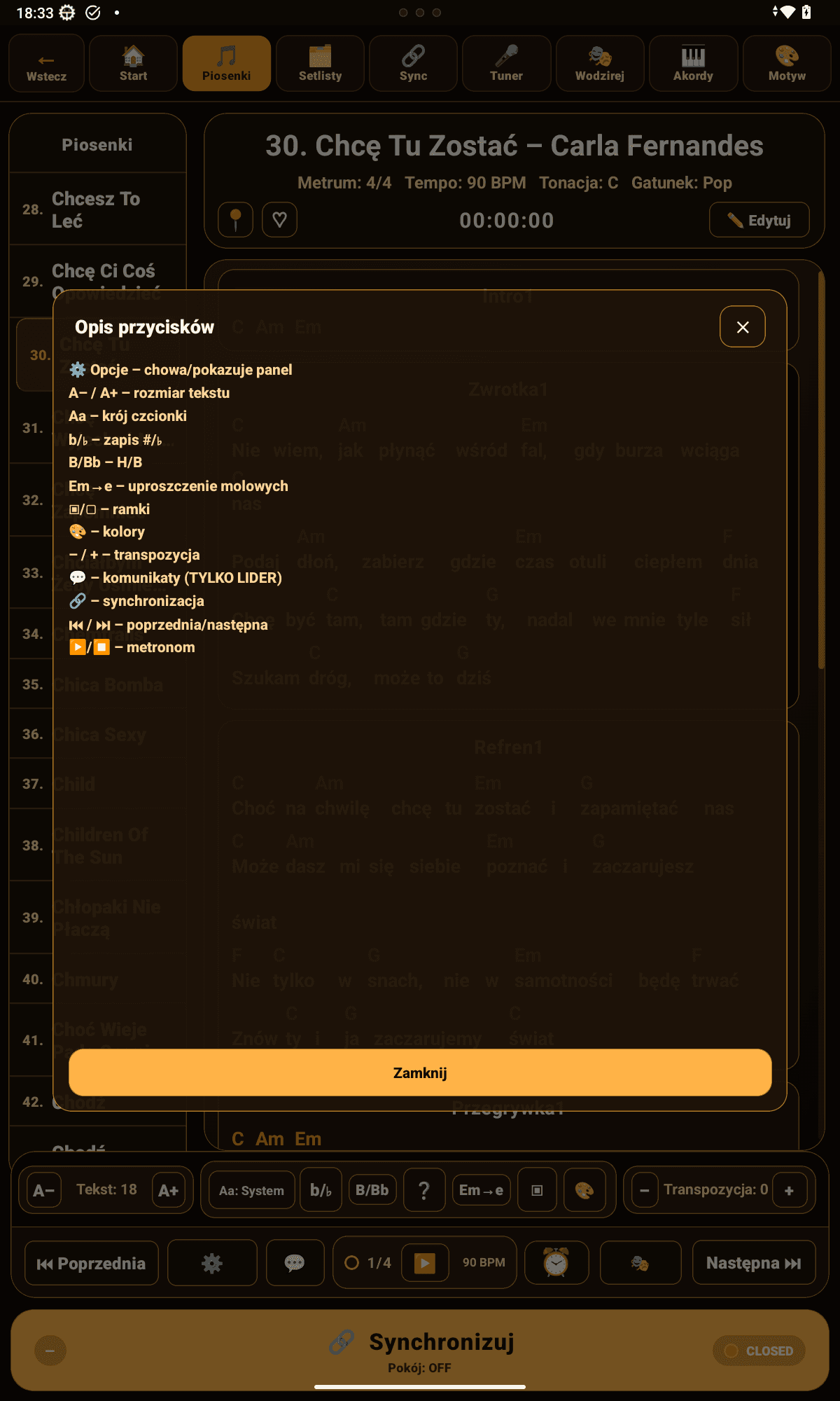 Symphonie – opis przycisków na ekranie piosenki