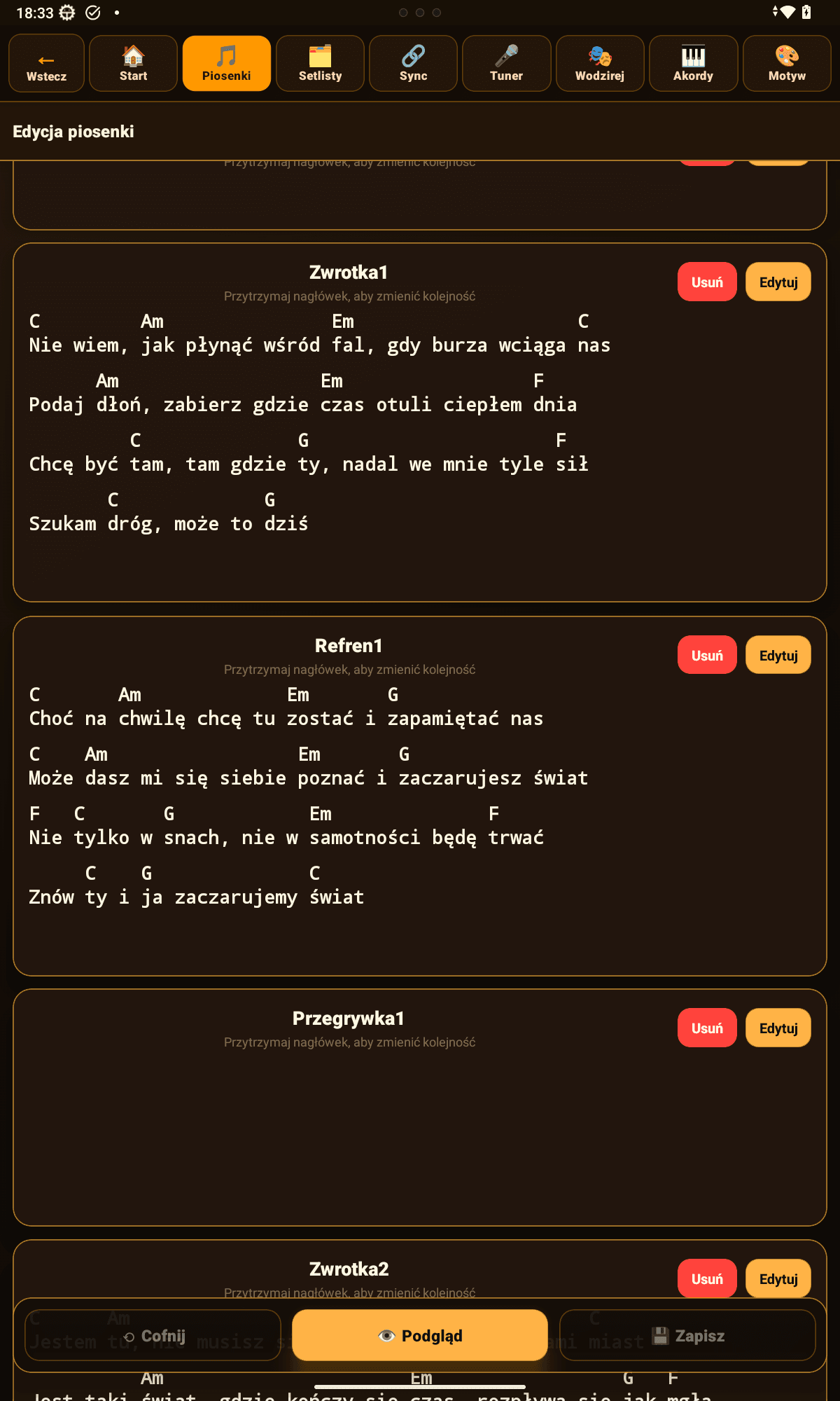 Symphonie — edycja: edytor sekcji